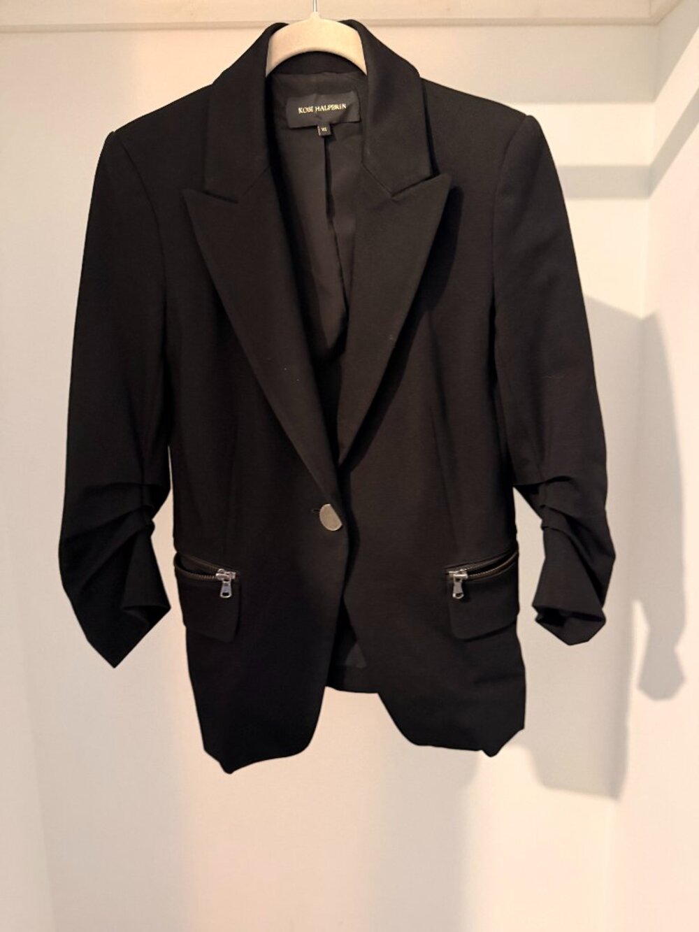 Kobi Halperin — Black Ruched-Sleeve Zip-Pocket Blazer